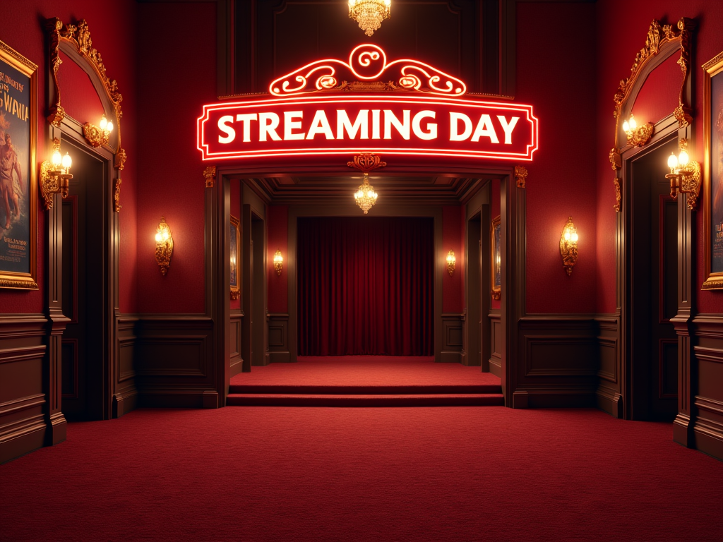 Красный ковер и сверкающие надписи "STREAMING DAY" в роскошном кинотеатре с золотыми бра.